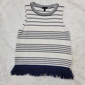 J. Crew Fringed Boatneck sleeveless striped shell navy and cream size small